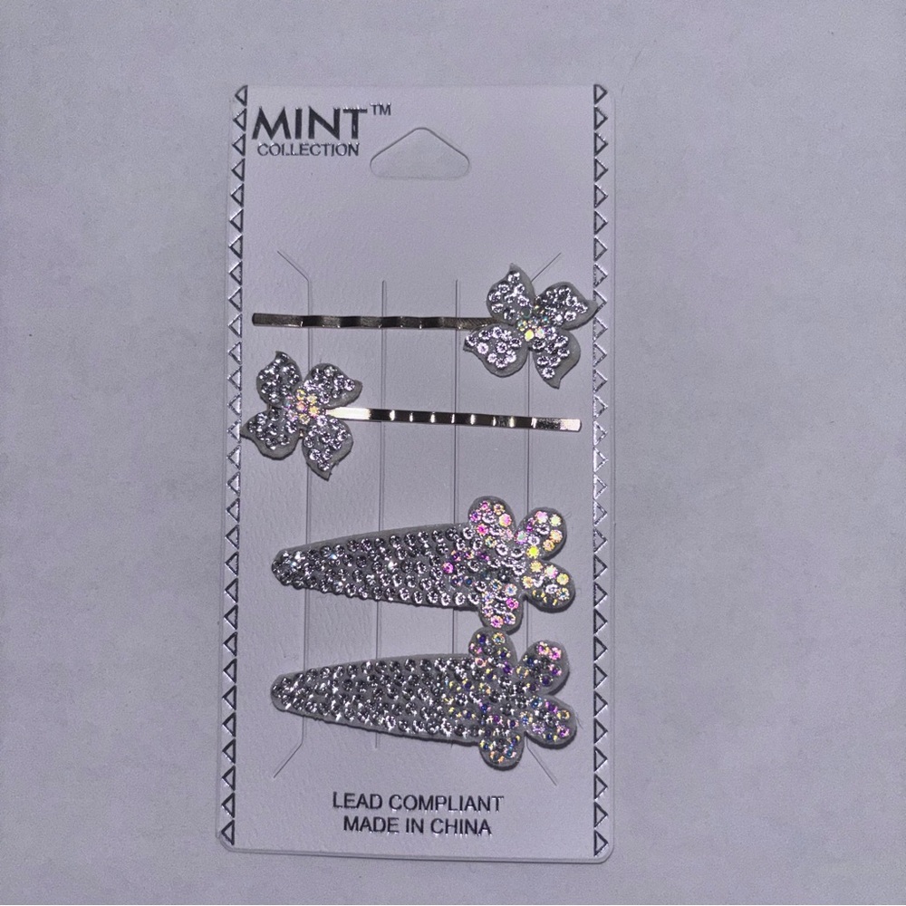 Mint Silver and Crystal Hair Clips Set